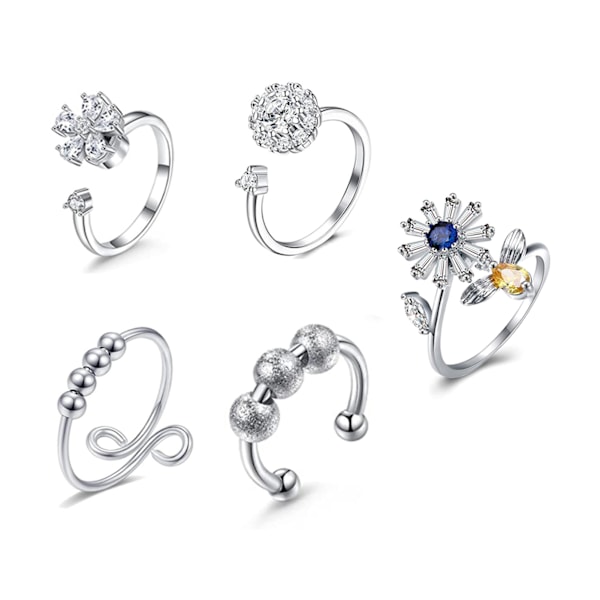 5-pack blommig fidget-ringset med zirkonblommor, pärlor, roterbar, justerbar, öppen fidget-ringset för kvinnor