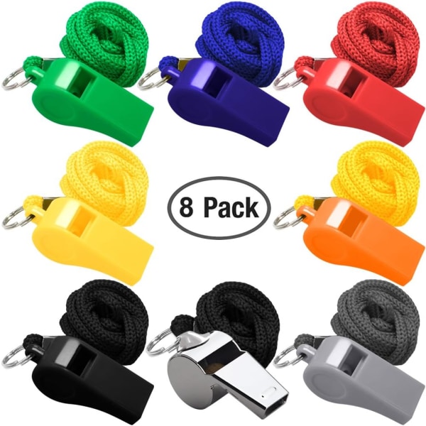 8-Pack Coach Referee Whistle with Linen, Colorful Plastic and Stainless Steel Football Whistle for Sports Lifeguard Survival Emergency Training