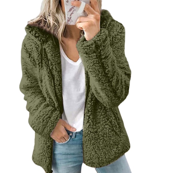 Dam Fleece Fluffig Huva Långärmad Jacka Vinter Varm Teddybjörn Cardigan Armég Grön Army Green L