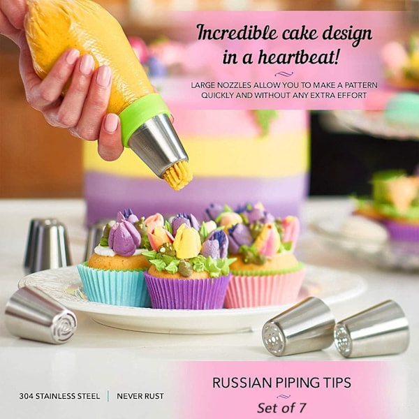 Russisk sett, rustfritt stål cupcake blomsterformet frosting dyse sett, kjøkkenutstyr for baking cupcakes kaker kjeks dekorere kaker (7 stk)