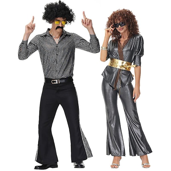 Multifarvet Par 60'er 70'er Hippie Disco Kostume Retro Rockabilly Skinnende Skjorte Cosplay Karneval Halloween Fancy Party Kjole A2 A2 M