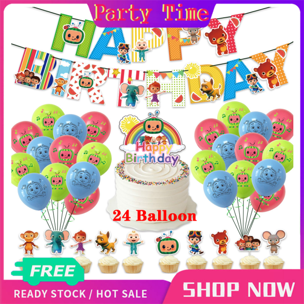 【Party Time】Cocomelon-tema födelsedagsfest Behöver dekoration set för barn pojkar flickor present Grattis på födelsedagen banderoller tårtdekorationer Cocomelon 24 Balloon