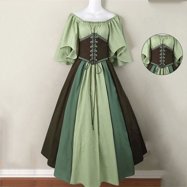 medeltida kläder Kortärmade gotiska klänningar för kvinnor Ljusgröna Light green XL