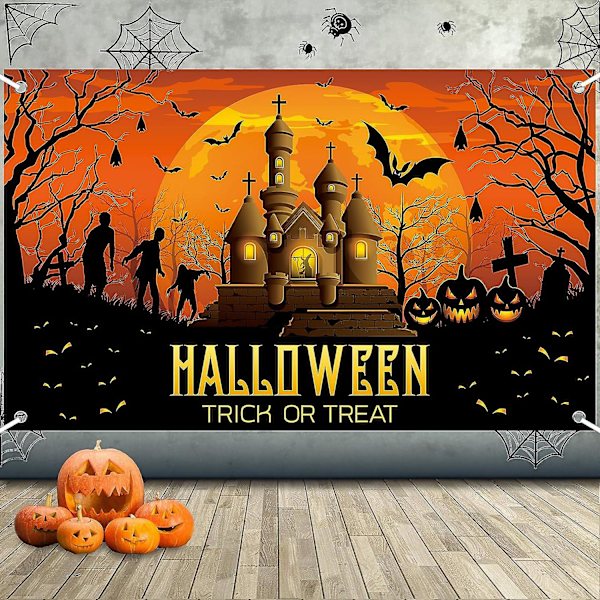 Happy Halloween-banner, halloween-bannerdekorationer, stor tyg halloween fotobås skylt bakgrund, halloween hängande banner med månborg Pa Black Orange