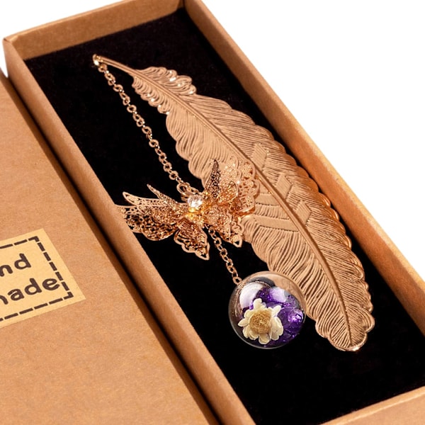 Metal Feather Bookmark with 3D Butterfly and Glass Beads, Forever Dried Flower Pendant, Ideal Gift for Readers - Purple