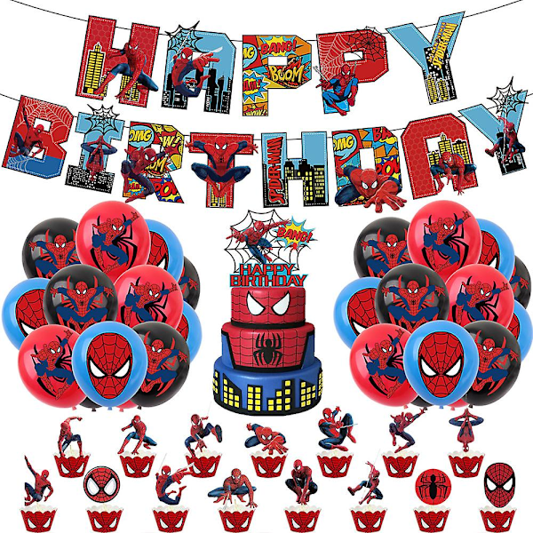 Spiderman födelsedagsfest dekorationer inkluderar Happy Birthday Banner Cake Toppers Superhjälte tema fest dekorationer för barn pojkar flickor