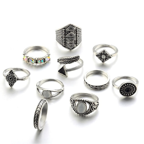 10 st/set Boho Dam Retro Fläkt Pil Snidad Knuckle Midi Staplingsring Antique Silver