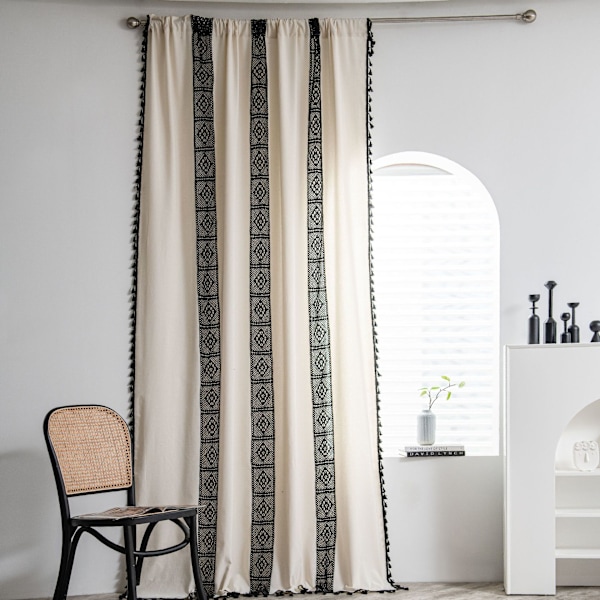 Boho Style black striped window curtains with tassel cotton/linen