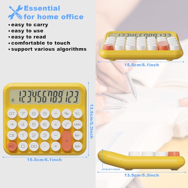 Mekaaninen laskin 12 numeroa Erittäin suuri 5 tuuman LCD-näyttö, paristokäyttöinen pöytälaskin, suuret painikkeet helppo painaa (keltainen) Yellow