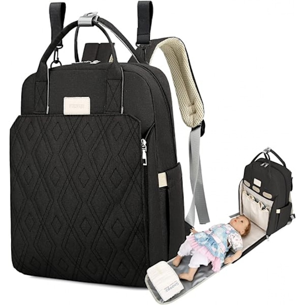 Baby Diaper Backpack with Bed (Black), Multifunctional Waterproof Diaper Bag, Baby Bag for Mom and Dad