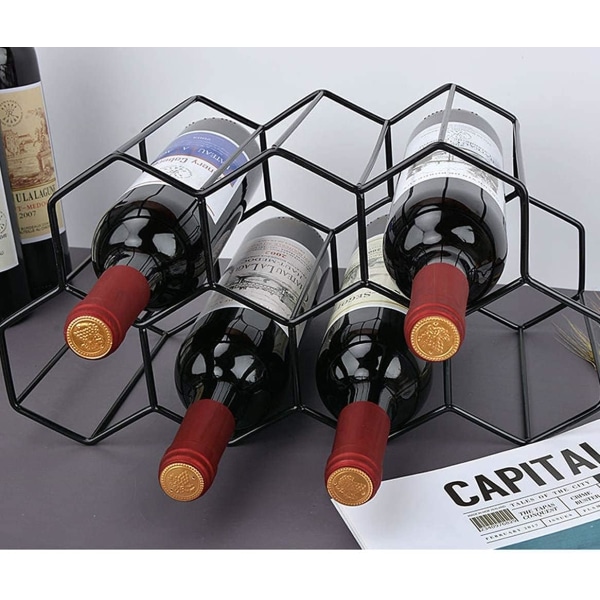 Small Freestanding Countertop Wine Rack - Honeycomb Metal Wine Holder for 9 Bottles, Black, Wine Storage Organizer
