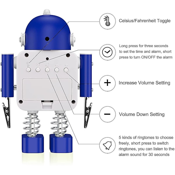 Barnealarmklokke, robot digital alarmklokke for gutter og jenter (blå)