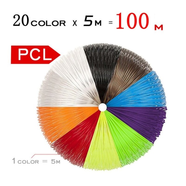 PCL-filament för 3D-penna Filamentdiameter 1,75 mm 100M plastfilament för 3D-skrivare Penna Barnsäker påfyllning PCL 100M 20 colors