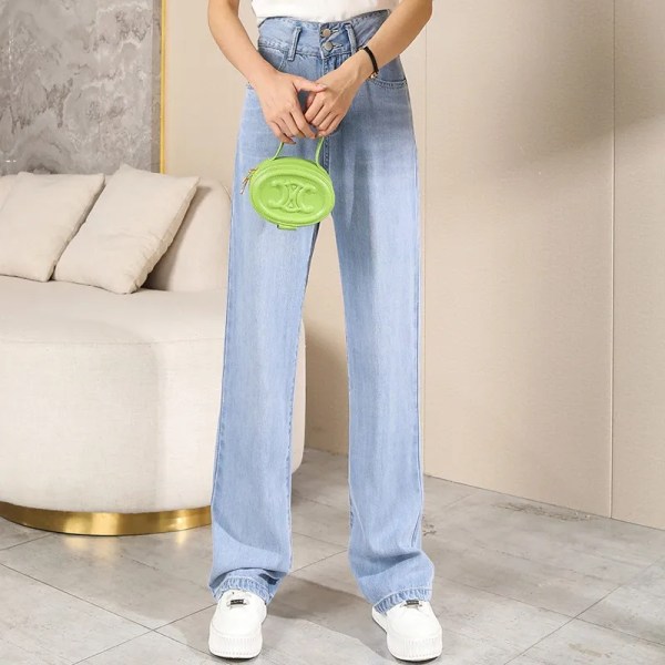 FINORD Vintage High Waist Jeans Women Korean Casual Streetwear Korean Harajuku Jeans Loose Washed Straight Blue Denim Pants skyblue