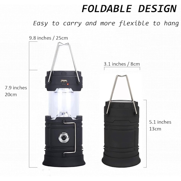 Solcelle / USB-oppladbar LED-lykt, ZVO kraftig campinglys, 2 moduser bærbar hagelampe