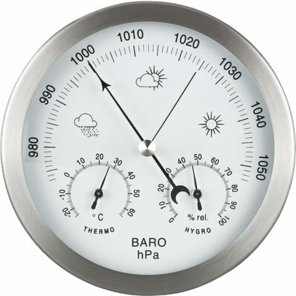 Analog weather station 3 in 1 stainless steel Ø132 mm - Barometer, thermometer, hygrometer, silver