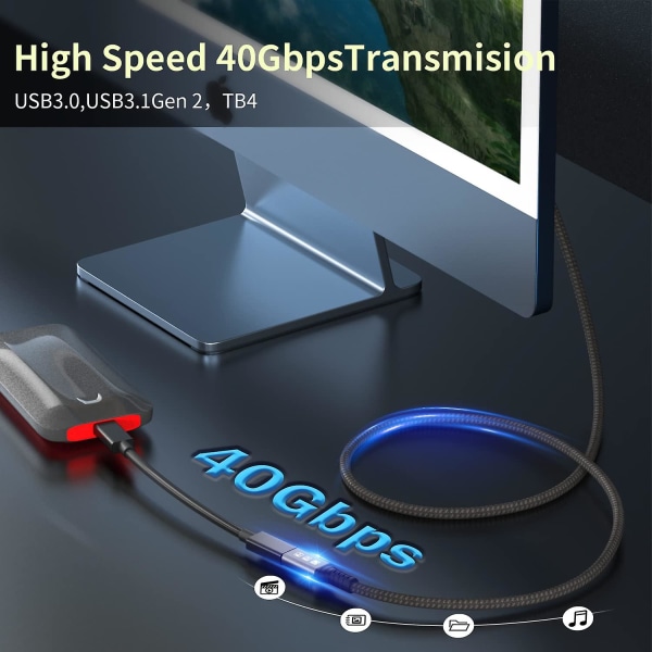Thunderbolt 4-förlängningskabel, USB-C-kabel till USB C hane till hona Stödjer 8k/5k@60hz video / 40gbps dataöverföring / 100w laddning (0,8m)
