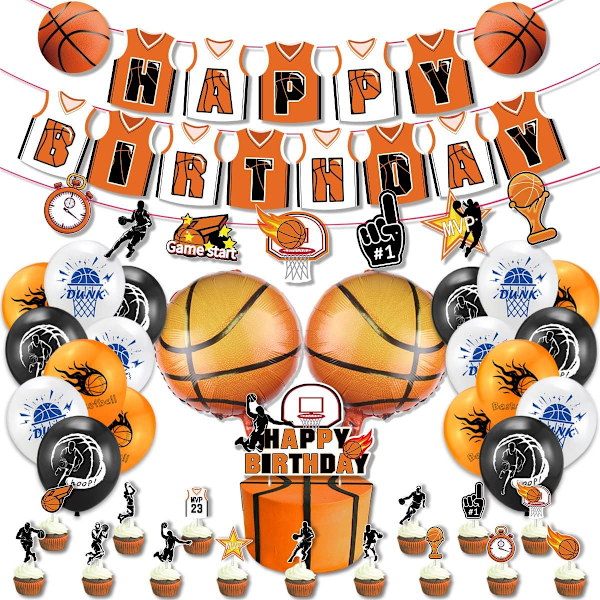 Basketboll Sport Cartoon Födelsedagsfest Dekoration Grattis På Födelsedagen Flagga Tårta Cupcake Topper 12 Tums Rund Ballong 18 Tums Folieballong