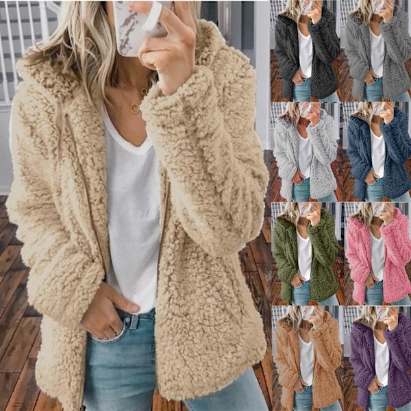 Dam Fleece Fluffig Huva Långärmad Jacka Vinter Varm Teddybjörn Cardigan Kaffe Coffee L