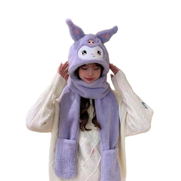 3-i-1 Kawaii Kuromi Mymelody Cinnamoroll Plyschhatt med Halsduk Mössa Vinter Jul Söt Kaninhatt Halsduk och Vantar Presenter för Kvinnor Flickor Purple