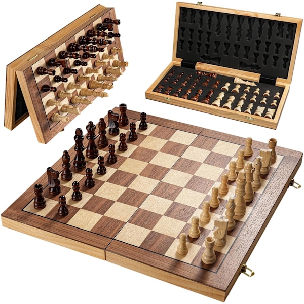 Magnetic Set for Adults and Kids, 15" Folding Wooden Chess Boards, Handmade Portable Travel Chess Set with