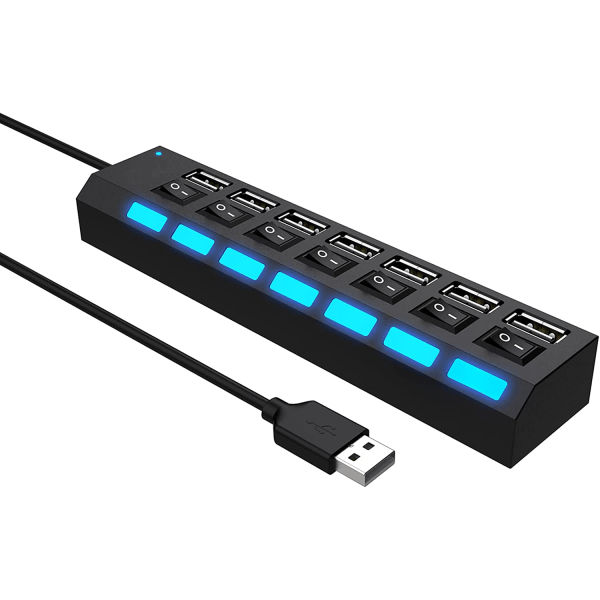 7-portars USB 2.0-hubb med individuella switchar och lysdioder, USB-hubb