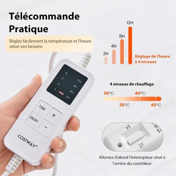 COSTWAY Elektrisk teppe 150x80cm 4 temperaturer 12 timers automatisk avstengning fjernkontroll nålet bomull vaskbar