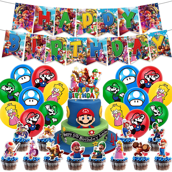 Super Mario Birthday Party Supplies include Banner Cake Toppers