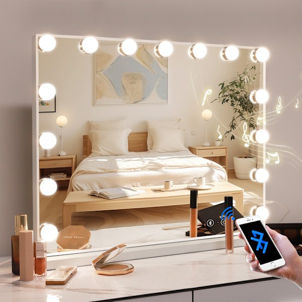 FENCHILIN Hollywood dressing table mirror with lights Bluetooth table top wall mounting white 58 x 46 cm White