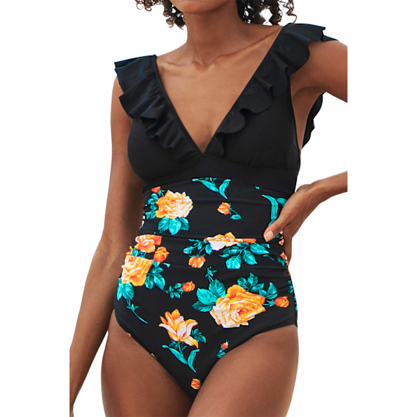 Women's Ruffle Tie Up One Piece Swimwear Beach Swimwear Tummy Bathing Suit (Black Floral)