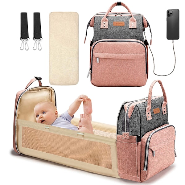 Baby Pusletaske med Puslebord, Pusletaske med Indbygget USB-opladningsport og Barnevognsremme Stor Kapacitet, Pink