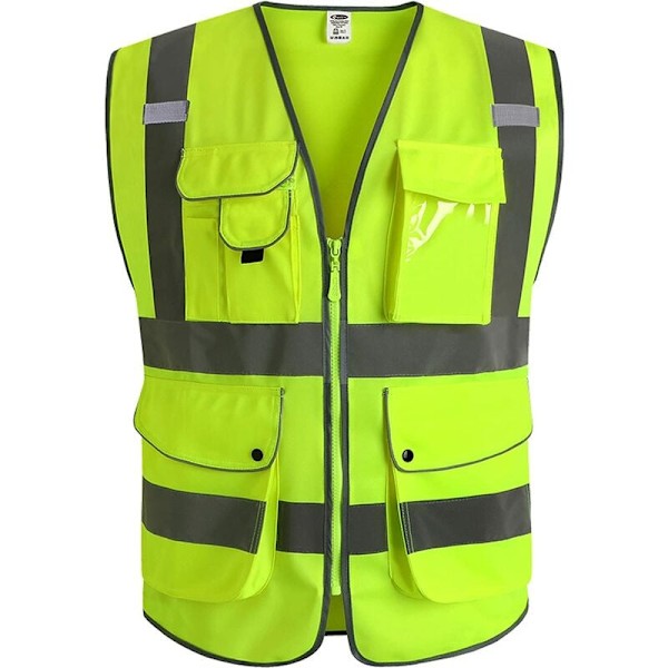 9 Klasse 2 Lommer Høj Synlighed Front Sikkerhedsvest med Reflekterende Striber, Gul Opfylder EN ISO 20471 Standarder - Unisex (X-Large)