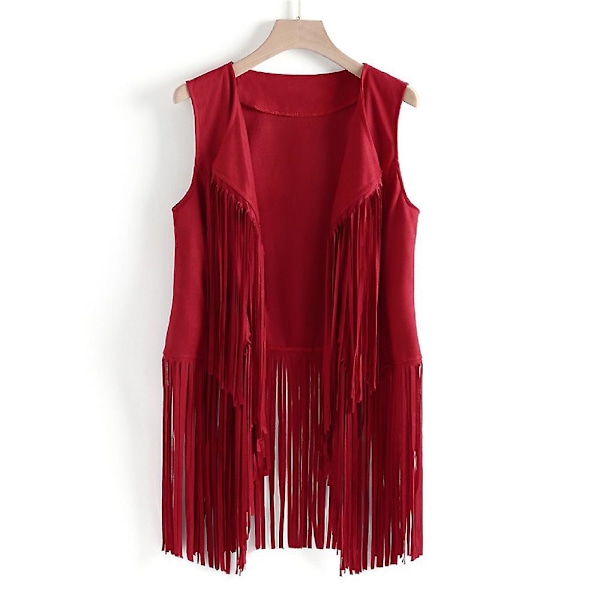 1970s Women's Tassel Sleeveless Vest 70s Retro Hippie Faux Suede Fringe Jacket Cardigan Red