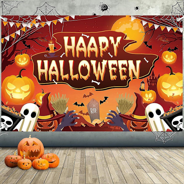 Happy Halloween-banner, halloween-bannerdekorationer, stor tyg halloween fotobås baggrund, halloween hængende banner med måneborg på orange rød Orange Red 185*110 cm