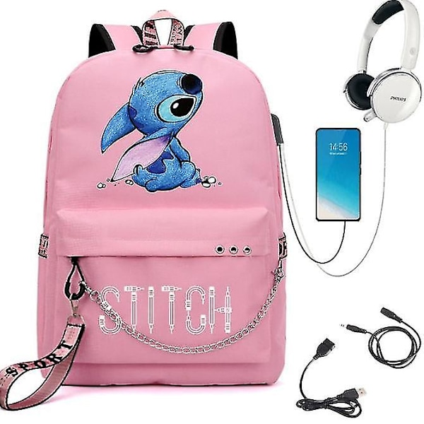 16 tommer Cartoon Stitch Rygsæk USB Drenge og Piger Børnehave Bogtaske Børn Skole Rygsæk Børn Starter Skole Gave Rygsæk Light Grey