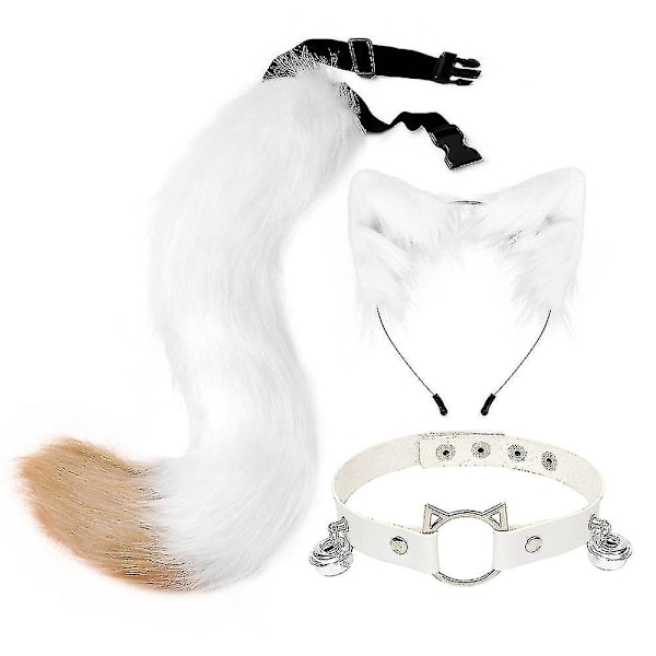 Fluffy Cat Ears Fox Tail Klokkesmykke Halskje Sett Halloween Party Tilbehør Lolita Simulering Pels Plysj Hodeplagg Cosplay Rekvisitter White Camel