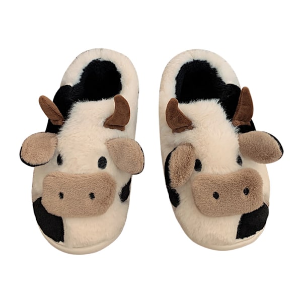 Fuzzy Cow Slippers Cute Warm Cozy Cotton Shoes Animal Shape Slip-on Slippers For Women Girl Winter(M)