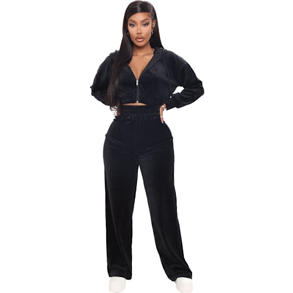 Autumn/Winter Women's Two Piece Solid Pleuche Zipper Hooded Elastic Waist Pants Casual Warm Set Black XXL