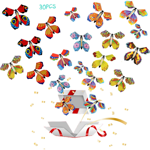 30 st magiska flygande fjärilsleksaker med gummiband, fjärilsleksak, bokmärke och gratulationskort, överraskningsgåva