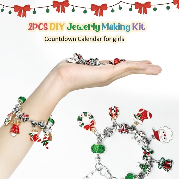 Julekalender armbånd, 24 dagers julekalender nedtelling DIY smykkefremstillingssett gave med 22 charms perler 2 armbånd