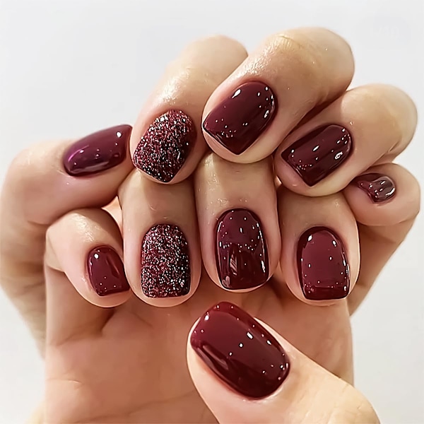 24pcs Fall Press On Nails Glossy Short Square False Nails Red False Nails With Glitter Design Cover Burgundy Acrylic Nails Glue On Nails