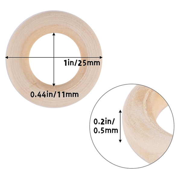 150 stk 25 mm/1 tommers trehåndverkring Ubehandlede tre ringer Sirkel Trehengende koblinger for D