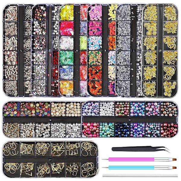 9 boxes Nail rhinestones, nail stones Nail diamonds, nail art Nail crystals Nail sequins for nails kit with 1 tweezers and 3 pens for nail art