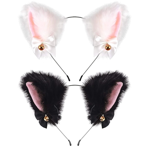 2 Pcs Cat Ears Headband Makeup Girl Plush Fur Ears with Ribbon Clock Halloween Party Headband for Women Girls Adults Kids