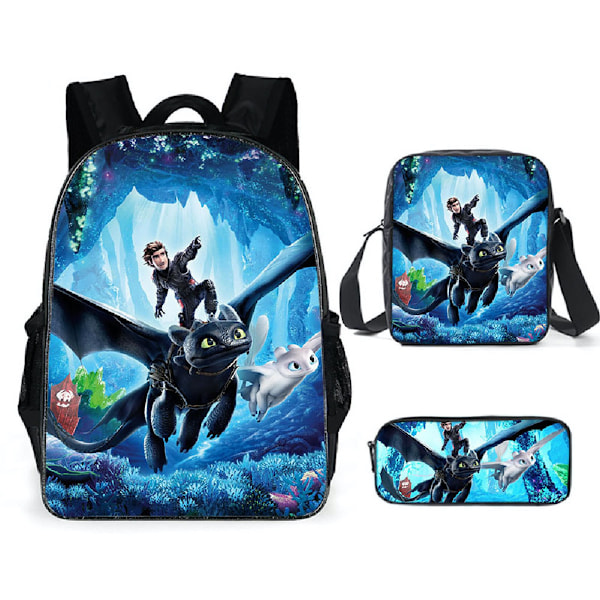 3pcs/ set Toothless How to Train Your Dragon Printed Set with Case Pencil Case School Bag Travel Day Bag Lightweight Book Bags