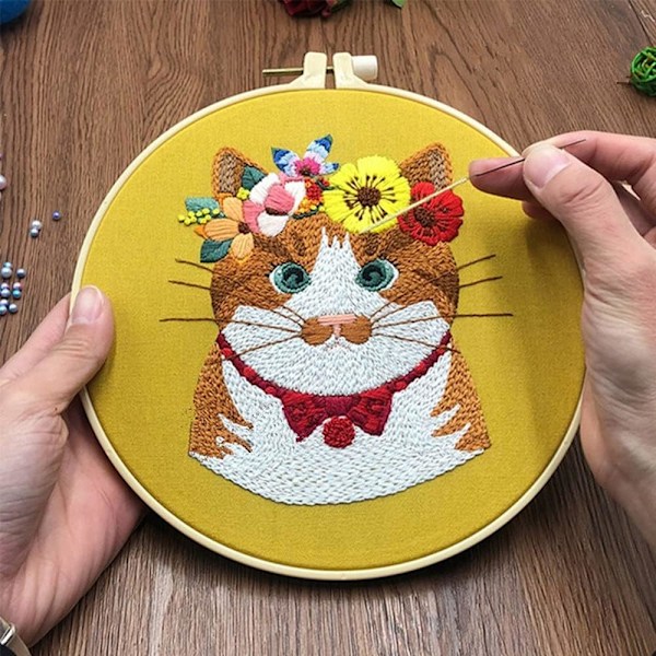 Broderikit for voksne nybegynnere - Gult med stoff med katt d