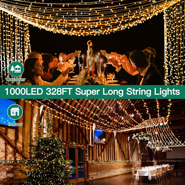 shineshine 197FT 600LED Utendørs Julelys Vanntette 8 Lys Varmt Hvit Warm White 1000 LEDs