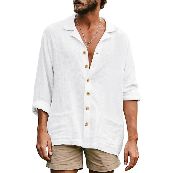 Herr Casual långärmad strandskjorta med lapelkrage Vit White S