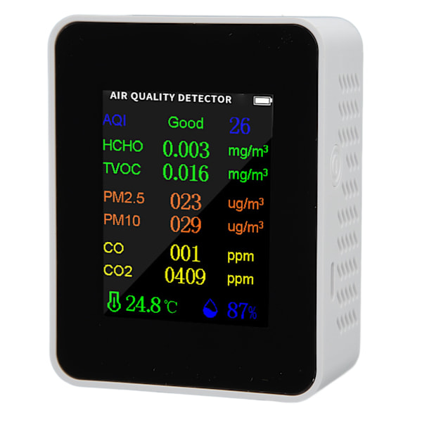 Luftkvalitetsmonitor Karbondioksiddetektor Nøyaktig tester for CO CO2 PM2.5 TVOC HCHO Temperatur Fuktighet Alarmmodus Hvit