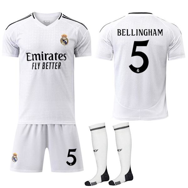2024-25 Real Madrid Hemma Jersey 10 Modric 9 Mbappe 7 Vinicius 8 Kroos 5 Bellingham Barn och Vuxen Fotbollströja med Strumpor No. 5 22